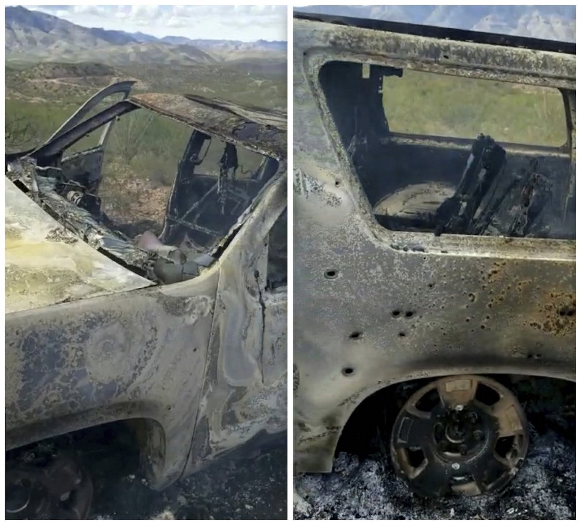 This combination of frames from Nov. 4, 2019, video by Kenny Miller and posted on the Twitter account of Alex LeBaron shows two views of a burned-out vehicle that was being used by some members of the LeBaron family as they were driving in a convoy near the Sonora-Chihuahua border in Mexico. (Kenny Miller/Courtesy of Alex LeBaron via AP)