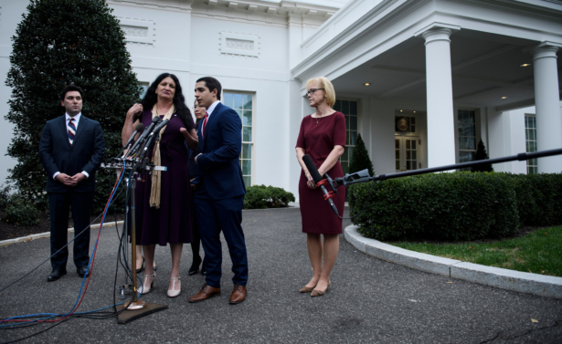 People speak to the press after visiting President Donald Trump in the Oval Office of the White House in recognition of the National Day for the Victims of Communism on Nov. 7, 2019. (Brendan Smialowski/AFP via Getty Images)