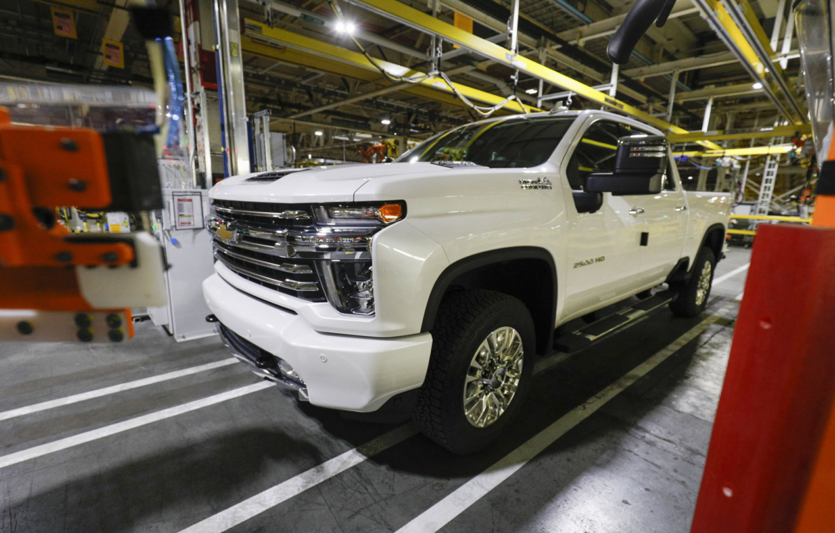 A new 2020 Chevrolet Silverado HD is shown on the assembly line at the General Motors Flint Assembly Plant in Flint, Mich., on Feb. 5, 2019. (Bill Pugliano/Getty Images)