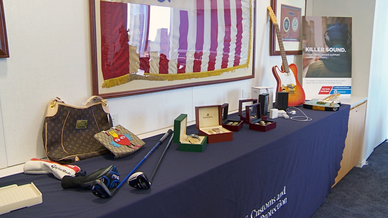 Counterfeit items displayed at the U.S. Customs and Border Patrol New York Field Office in New York, New York, on Dec. 3, 2019. (Oliver Trey/NTD News)