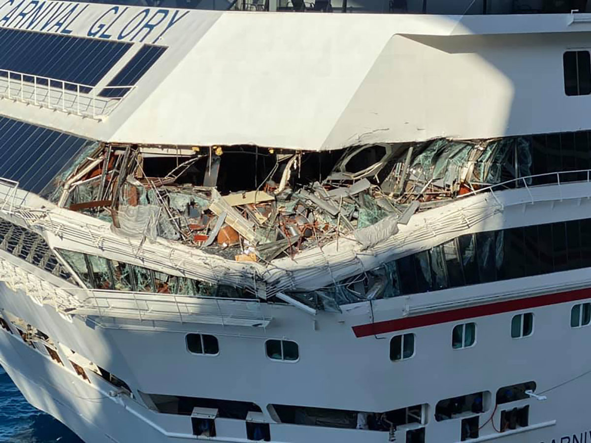 The damage to Carnival Glory is seen after a collision with another cruise ship at Cozumel cruise port, Mexico on Dec. 20, 2019 in this image obtained from social media. (Jordan Moseley via Reuters)
