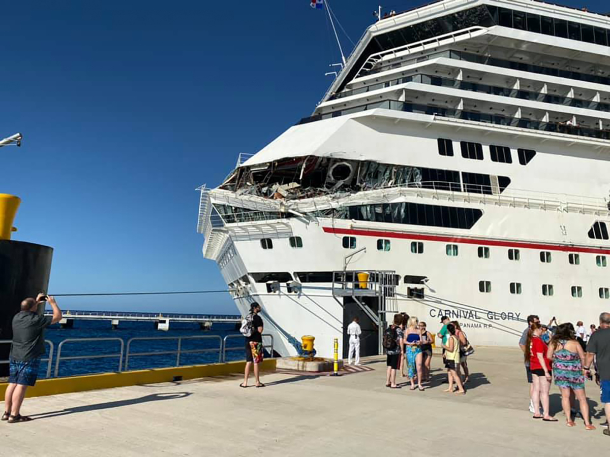 The damage to Carnival Glory is seen after a collision with another cruise ship at Cozumel cruise port, Mexico on Dec. 20, 2019 in this image obtained from social media. (Courtesy of Mary Anne McKinley)