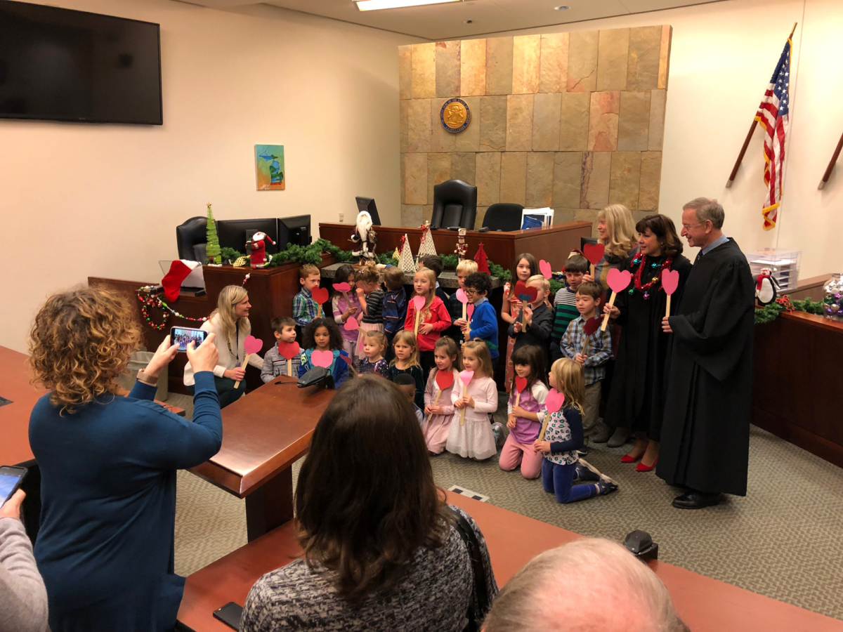 Mrs. McKee's kindergarten class supports their classmate Michael at his adoption hearing in Grand Rapids, Mich., on Dec. 4, 2019. (Kent County, Michigan)