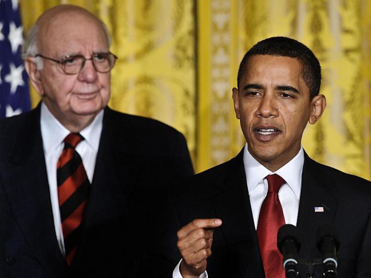 President Barack Obama introduces the President's Economic Recovery Board chaired by former Federal Reserve head Paul Volcker (L) in the East Room of the White House in Washington on Feb. 6, 2009. (Nicholas Kamm/AFP/Getty Images)