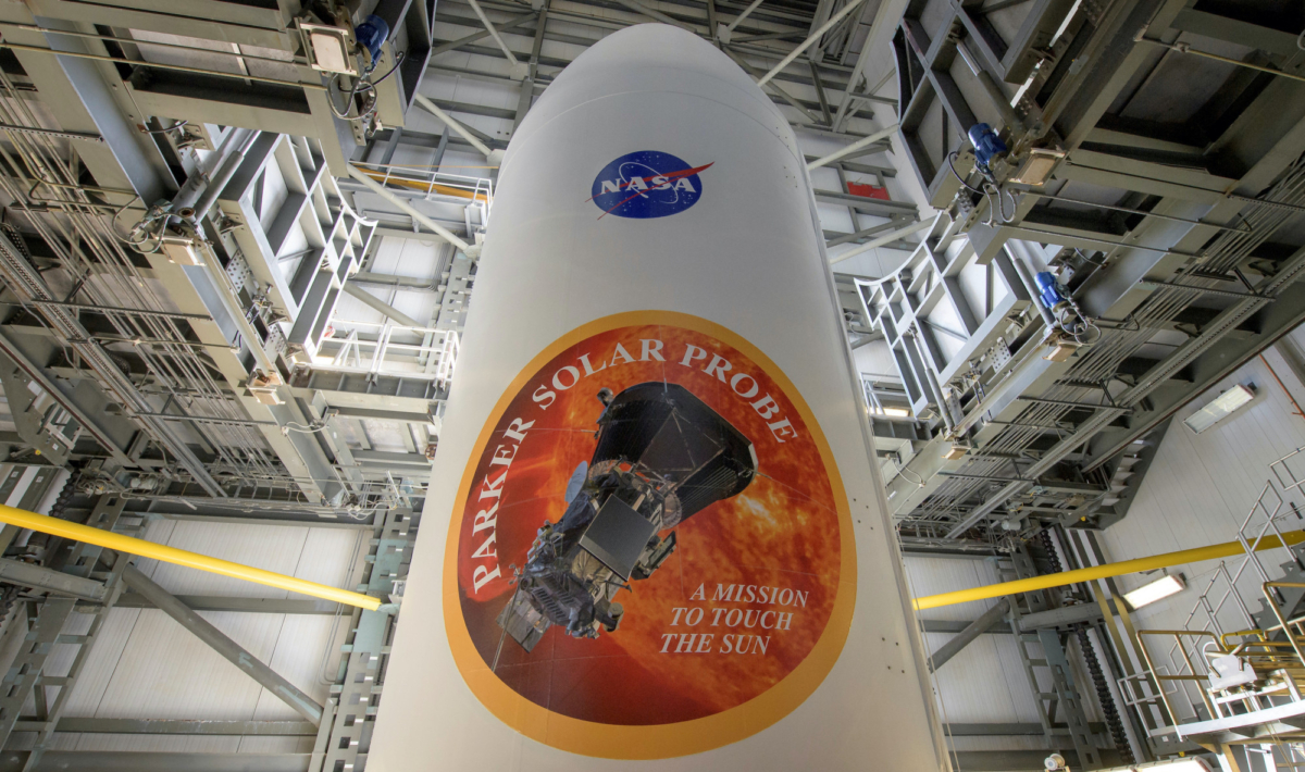 The United Launch Alliance Delta IV Heavy rocket payload fairing is seen with the NASA and Parker Solar Probe emblems, at Launch Complex 37, Cape Canaveral Air Force Station, Florida, on Aug. 8, 2018. (Bill Ingalls/NASA/Handout via Reuters)