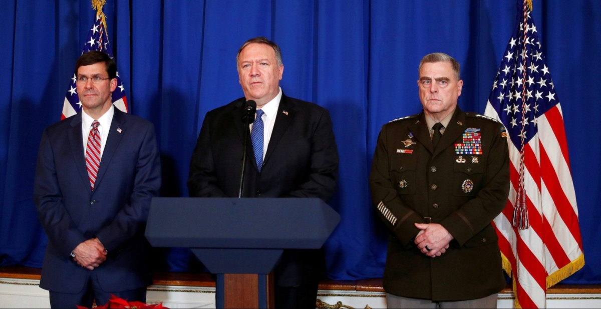 Secretary of State Mike Pompeo speaks about airstrikes by the U.S. military in Iraq and Syria, at the Mar-a-Lago resort in Palm Beach, Florida, on Dec. 29, 2019. With him are Army General Mark Milley and Defense Secretary Mark Esper. (Tom Brenner/Reuters)