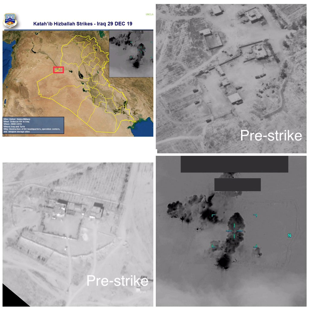 A combination of images depicts what the U.S. military says are bases of the Kataib Hezbollah terrorist group that were struck by U.S. forces, in the city of Al-Qa'im, Iraq, on Dec. 29, 2019. (U.S. Department of Defense/Handout via Reuters)