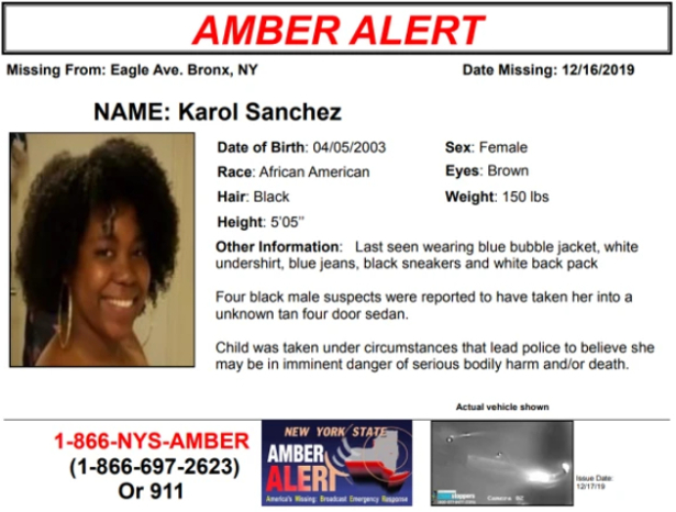 Police say 16-year-old Karol Sanchez was kidnapped by a group of men while walking with her mother in the Bronx. (New York State Police)