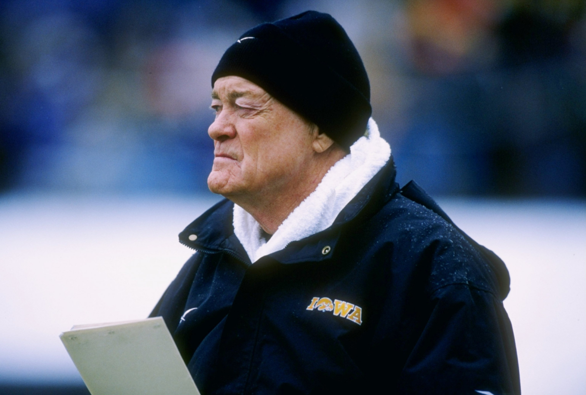 Head coach Hayden Fry of the University of Iowa during the Hawkeyes 15-14 loss to Northwestern at Ryan Field in Evanston, Illinois on Nov. 15, 1997. (Jonathan Daniel/AFP/Getty Images)