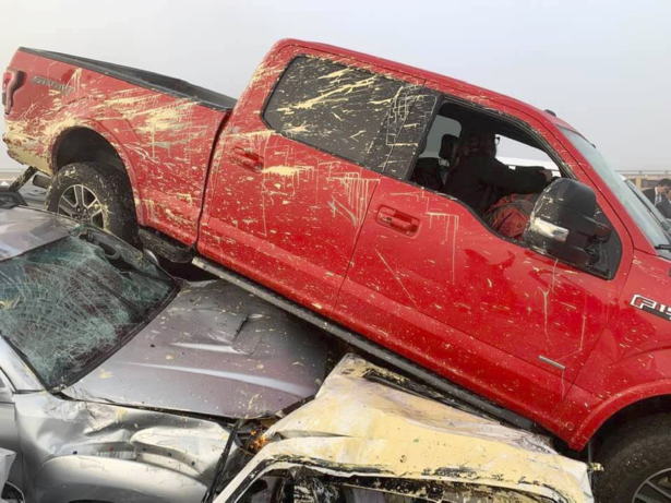 Cars are piled on top of one another following a multi-vehicle pileup on Interstate 64 in York County, Va., Sunday, Dec. 22, 2019. (Ivan Levy via AP)