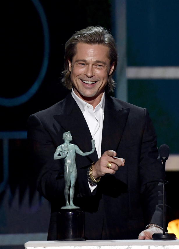 Brad Pitt accepts Outstanding Performance by a Male Actor in a Supporting Role for 'Once Upon a Time in Hollywood' onstage during the 26th Annual Screen Actors Guild Awards at The Shrine Auditorium, in Los Angeles, Calif., on Jan. 19, 2020. (Kevork Djansezian/Getty Images for Turner)