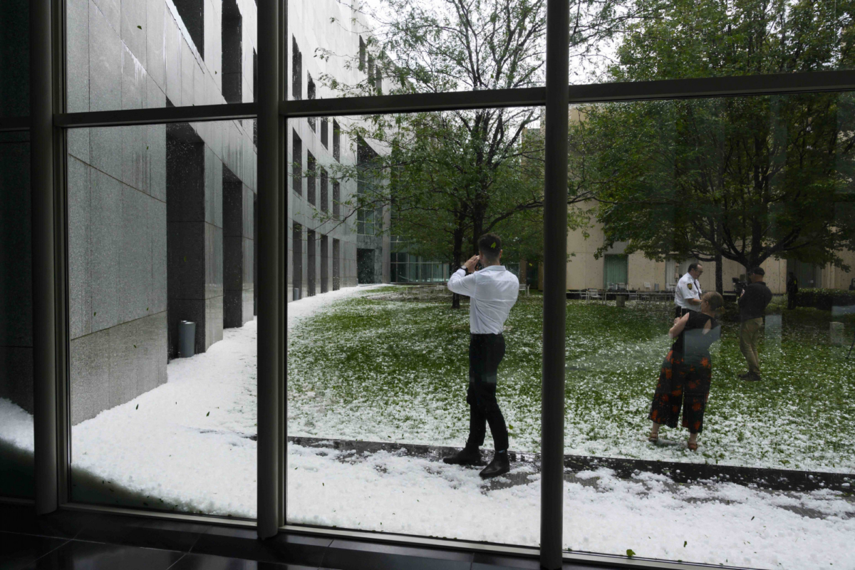 Golf ball-sized hail is shown at Australia's Parliament House in Canberra on Jan. 20, 2020. (Rohan Thomson/Getty Images)