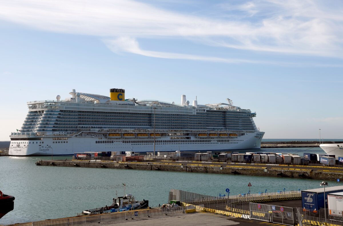 The Costa Smeralda cruise ship is docked in the Civitavecchia port 70km north of Rome on Jan. 30, 2020. (Filippo Monteforte/AFP via Getty Images)