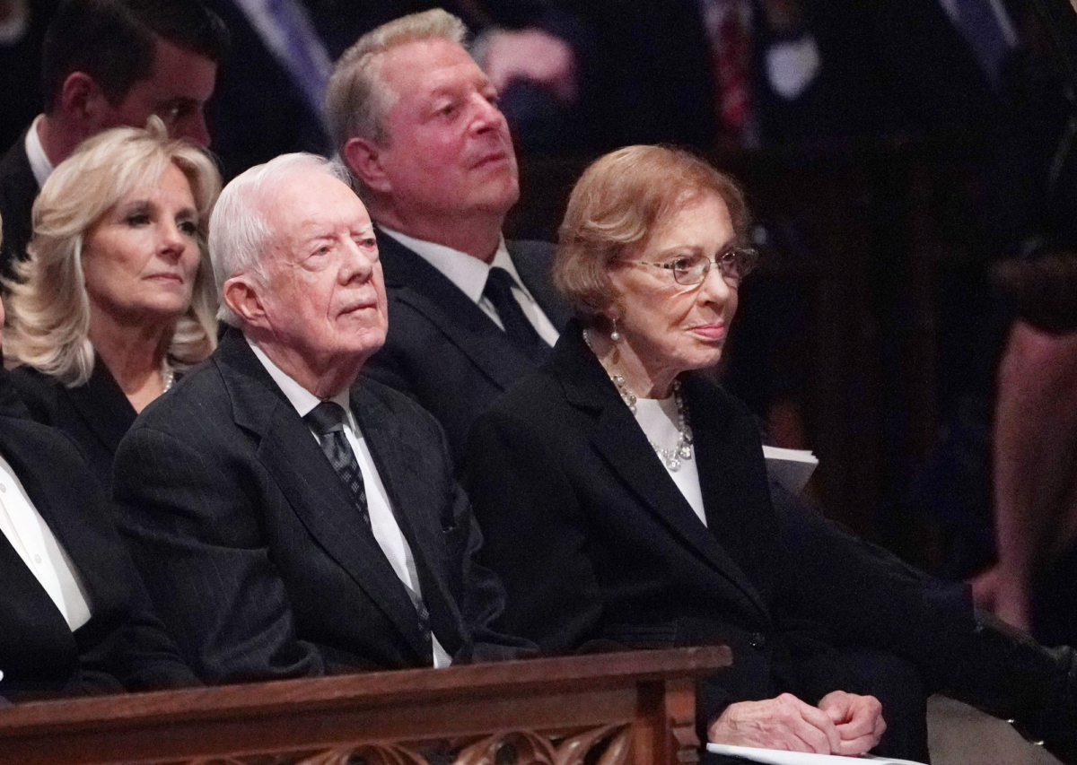 Former president Jimmy Carter and his wife Rosalynn Carter and (back row) Jill Biden, wife of former vice president Joe Biden, and former vice president Al Gore attend a funeral service for former president George H. W. Bush at the National Cathedral in Washington, on Dec. 5, 2018. (Mandel Ngan/AFP via Getty Images)