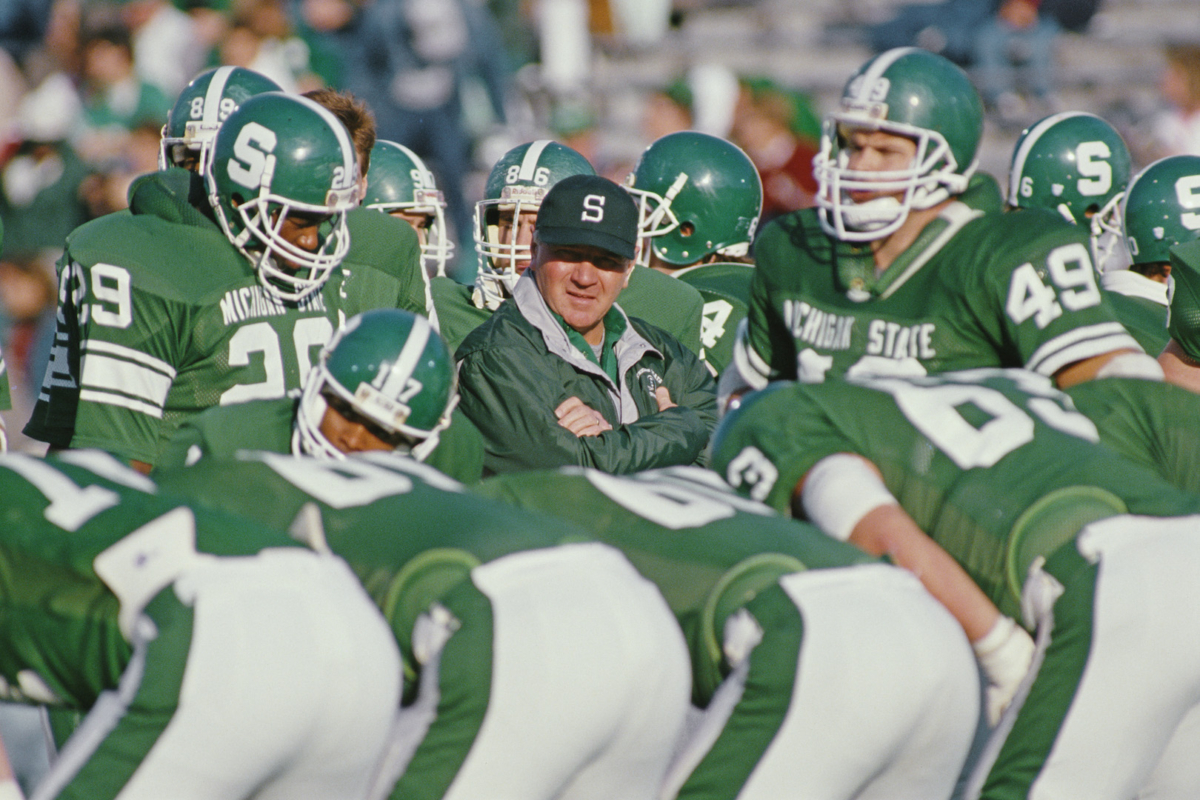 George Perles, Head Coach for the Michigan State Spartans during the NCAA Big 10 college football game against the University of Miami Hurricanes on Sept. 30, 1989 at the Spartan Stadium in East Lansing, Michigan, United States. (Photo by Brian Masck/Allsport/Getty Images)