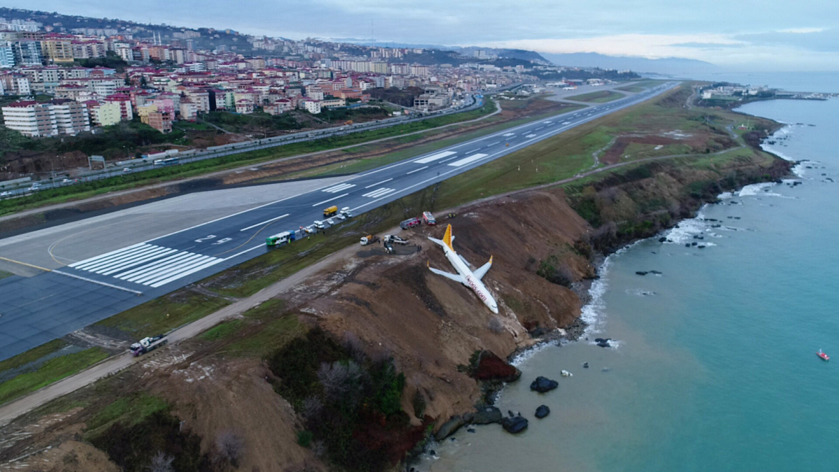 A Pegasus Airlines aircraft is pictured after it skidded off the runway at Trabzon airport by the Black Sea in Trabzon, Turkey on Jan. 14, 2018. An engine can be seen in the water nearby (IHA via Reuters)