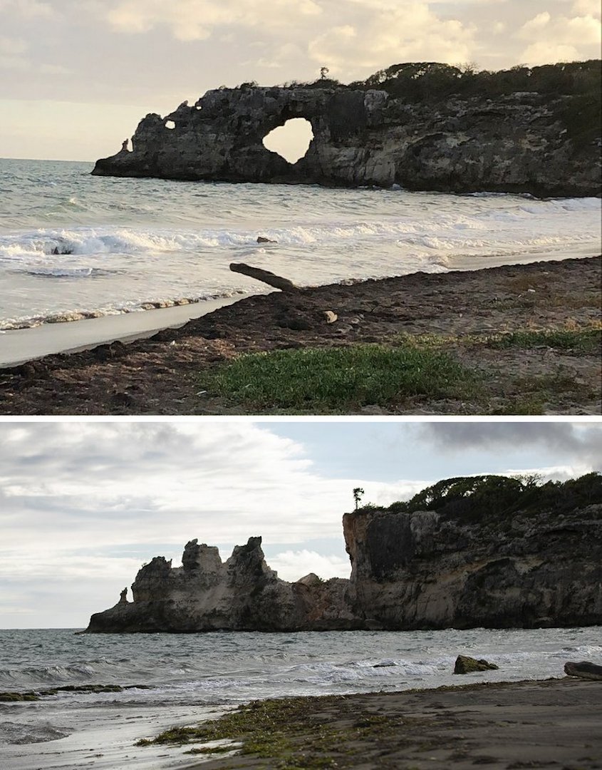 This combo of two photos shows "Punta Ventana," or Window Point, in Guayanilla, Puerto Rico on Jan. 27, 2019, top, before it fell, and after it fell on Jan. 6, 2020 due to an earthquake. (Edgar Gracia Portello via AP, top, and AP Photo by Jorge A Ramirez Portela, bottom)
