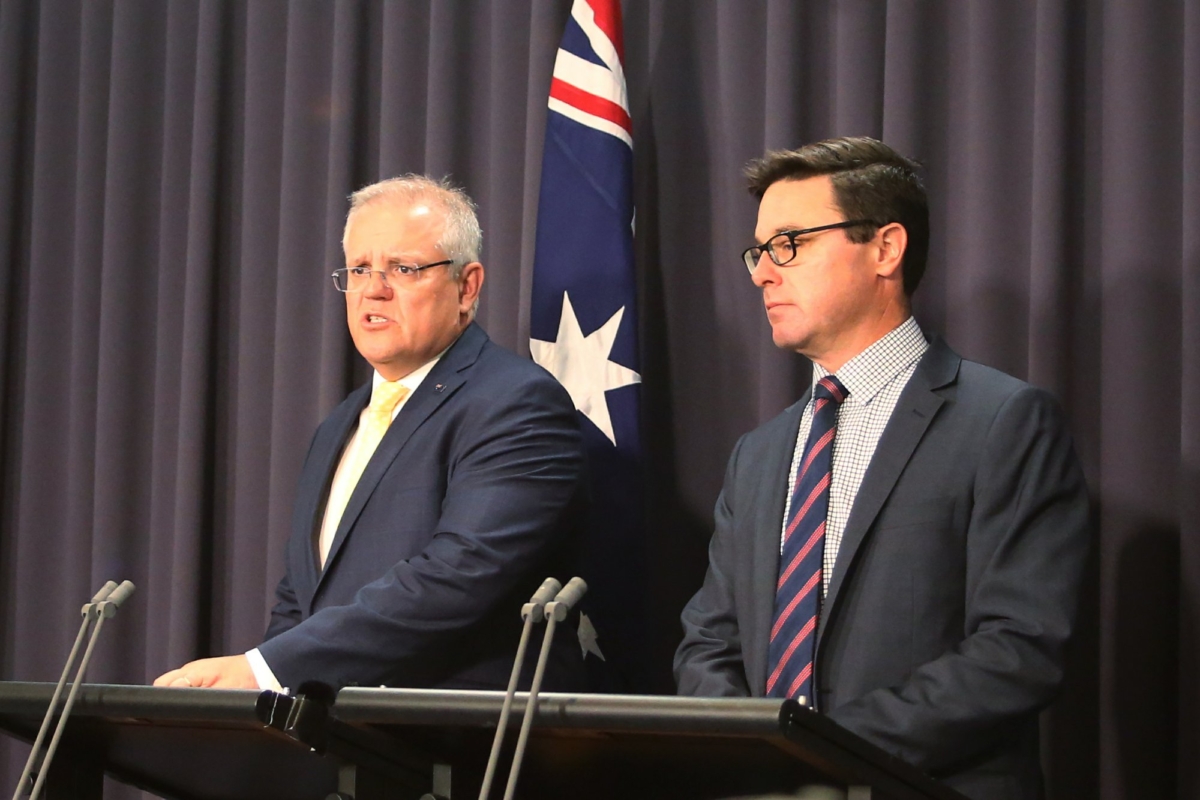 Australian Prime Minister Scott Morrison, left, and Emergency Management Minister David Littleproud hold a press conference at Parliament House in Canberra, Australia on Jan. 10, 2020. (Rod McGuirk/AP Photo)
