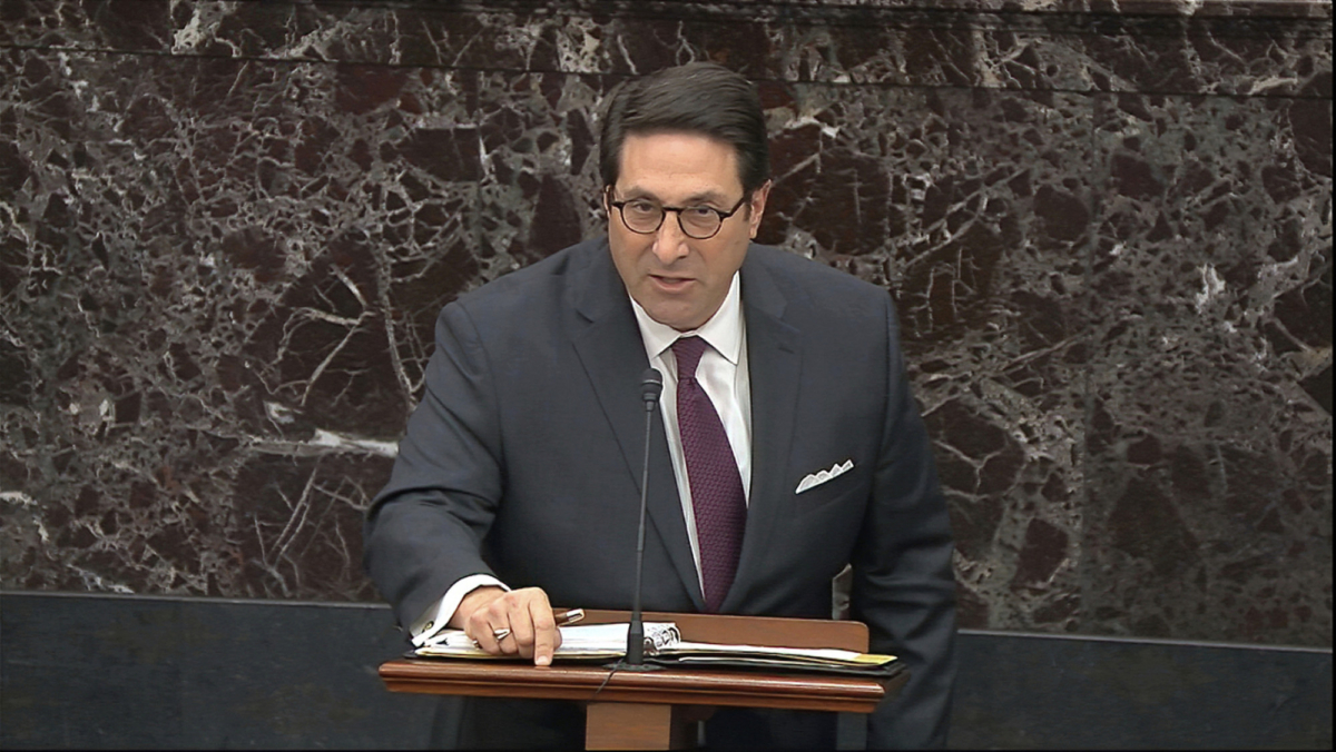 Personal attorney to President Donald Trump, Jay Sekulow, answers a question during the impeachment trial against President Donald Trump in the Senate at the U.S. Capitol in Washington, on Jan. 30 2020. (Senate Television via AP)