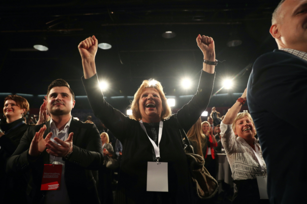 Supporters of Zoran Milanovic celebrate after exit polls were announced during the run-off of Croatia's presidential election in Zagreb, Croatia on Jan. 5, 2020. (Marko Djurica/Reuters)