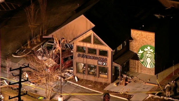 Part of a Starbucks location in McHenry, Illinois, collapsed after a pickup truck crashed into the building on Jan. 16, 2020. (Courtesy of WLS)