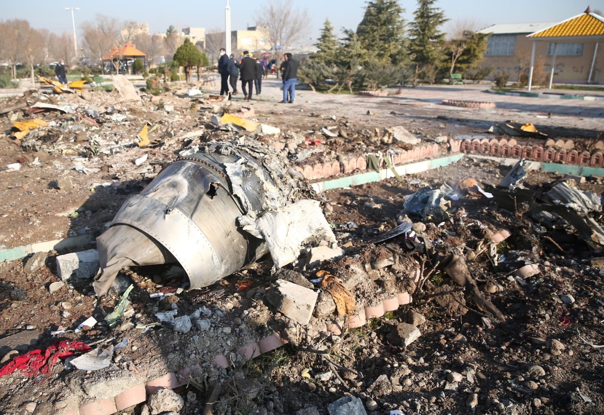 Debris of a plane belonging to Ukraine International Airlines, that crashed after taking off from Iran's Imam Khomeini airport, is seen on the outskirts of Tehran, Iran on Jan. 8, 2020. (Nazanin Tabatabaee/WANA (West Asia News Agency) via Reuters)