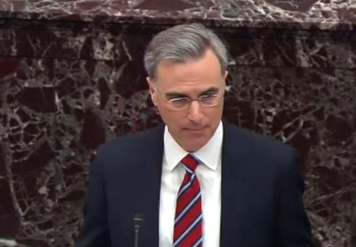 White House counsel Pat Cipollone speaks during impeachment proceedings against President Donald Trump in the Senate at the U.S. Capitol in Washington, on Jan. 25, 2020. (Senate Television via Getty Images)