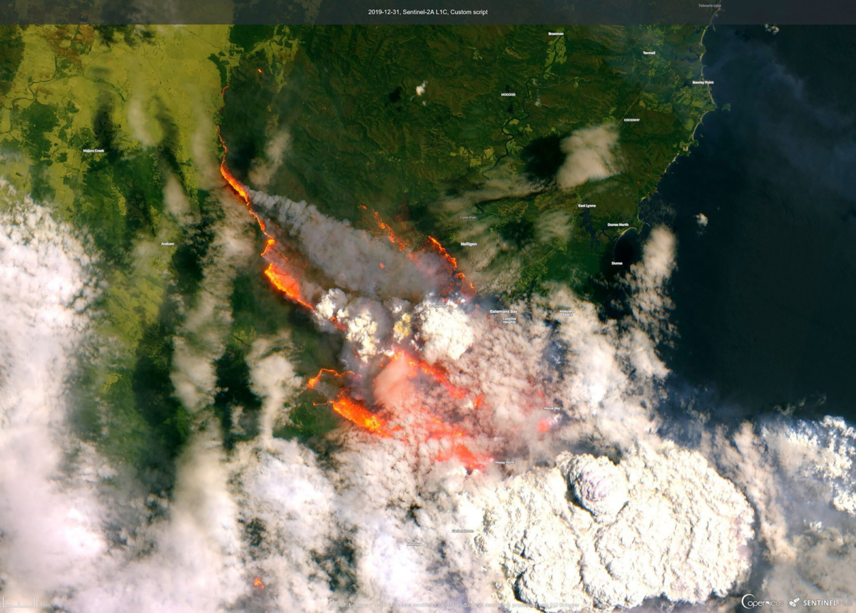 smoke rises from wildfires burning in East Gippsland, Victoria, Australia, on Jan. 2, 2020. (Department of Environment, Land, Water and Planning Gippsland via AP)