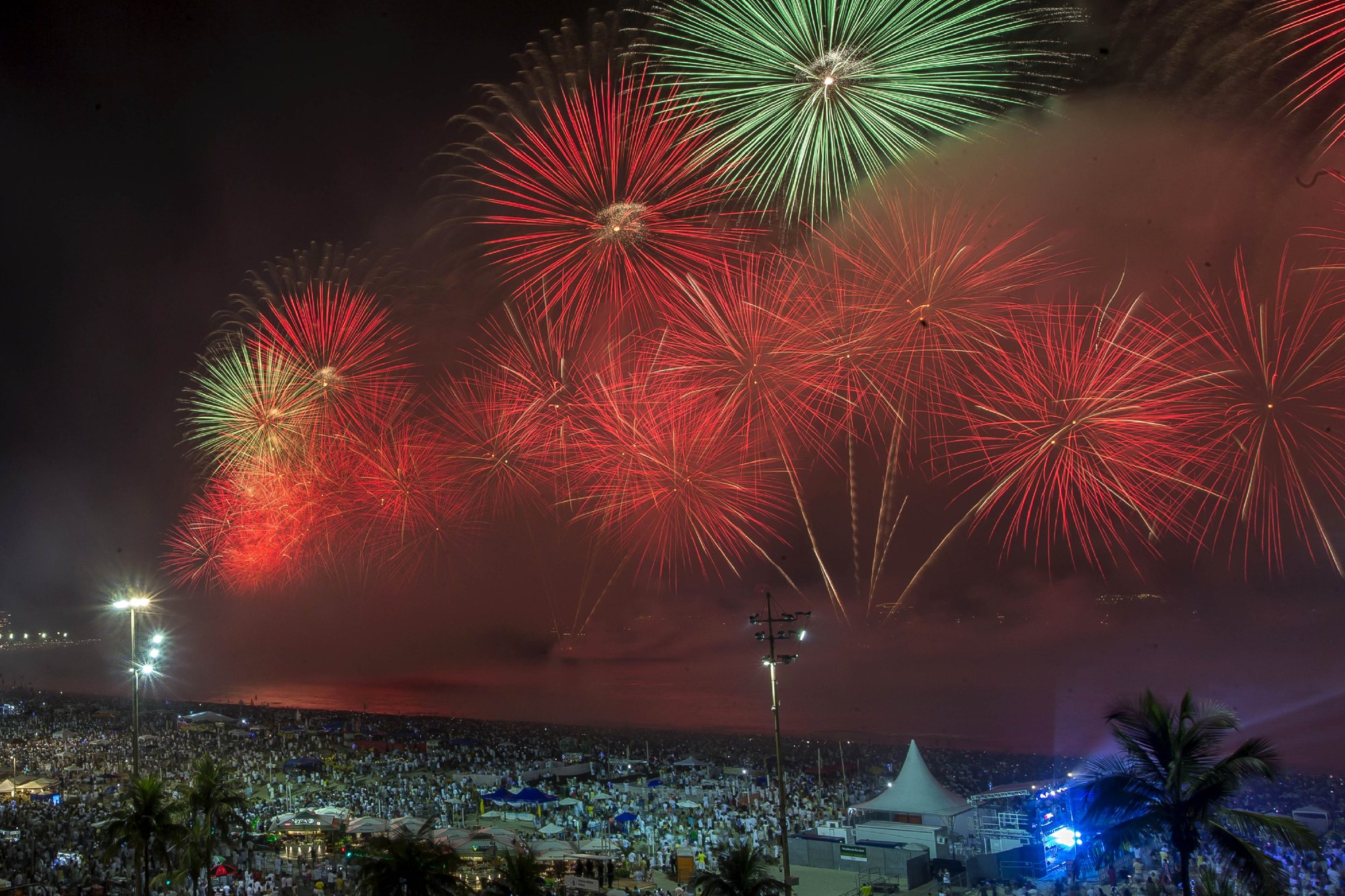 Fireworks explode over Copacabana Beach during the New Year's celebrations, in Rio de Janeiro, Brazil on Jan. 1, 2020. (Bruna Prado/AP)