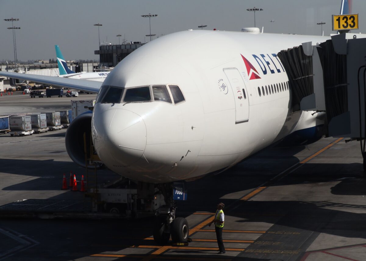 A Delta Airlines plane sits on the tarmac at Los Angeles International Airport (LAX) in Los Angeles on Oct. 29, 2019. (Daniel Slim/AFP via Getty Images)