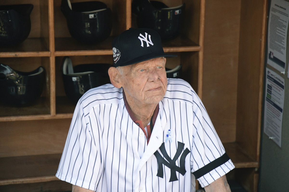 New York Yankees' Don Larsen in the dugout before the Yankees Old Timers' Day baseball game Sunday, June 17, 2018, at Yankee Stadium in New York. (AP Photo/Bill Kostroun)