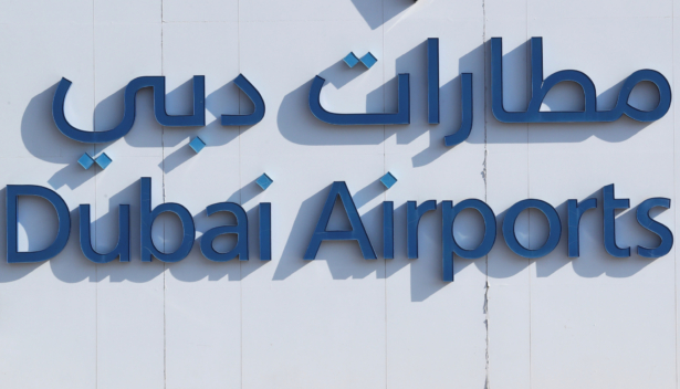 Corporate logo of Dubai Airports is seen at terminal