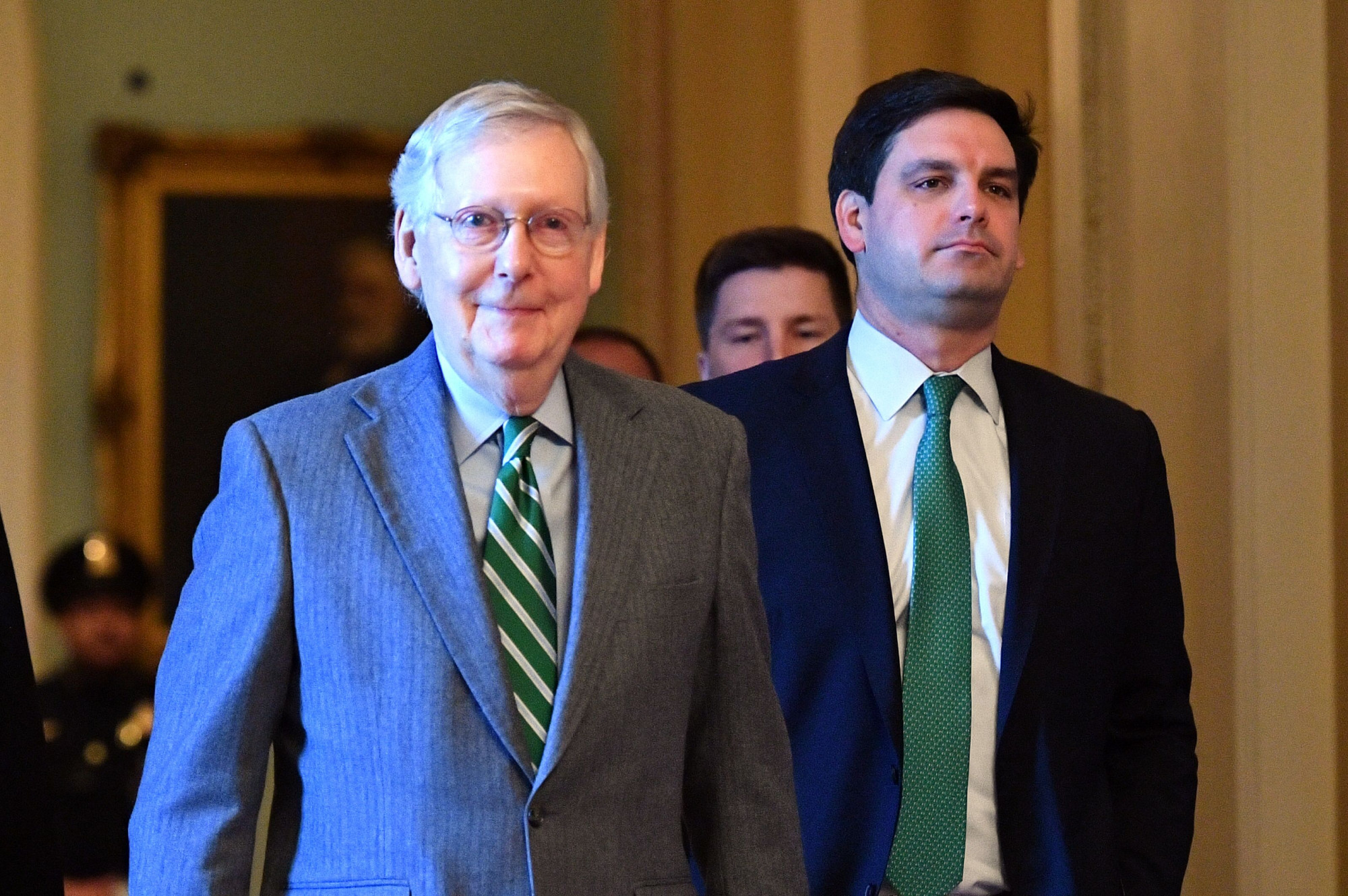 U.S. Senate Majority Leader Mitch McConnell walks to his office after speaking on the Senate floor at the US Capitol on Jan. 16, 2020. (Mandel Ngan/AFP via Getty Images)
