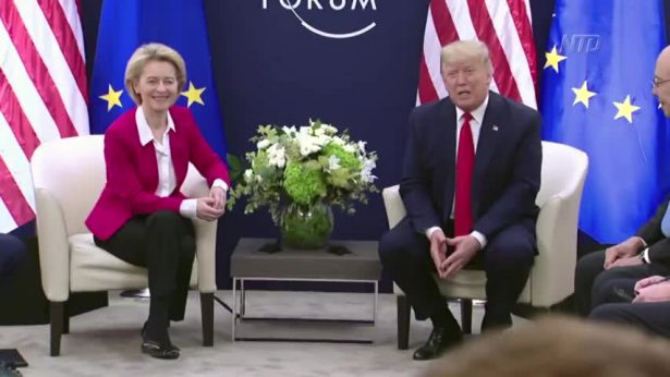 U.S. President Donald Trump speaks with European Commission President Ursula von der Leyen prior to their meeting at the World Economic Forum in Davos on Jan. 21, 2020. (Jim Watson/AFP via Getty Images)