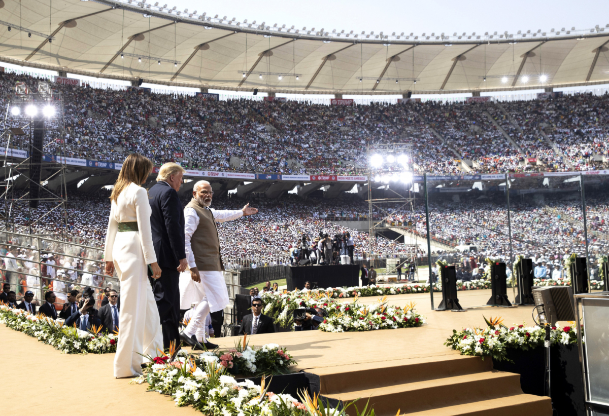 U.S. President Donald Trump, First Lady Melania Trump, and Indian Prime Minister Narendra Modi arrive for a "Namaste Trump," event at Sardar Patel Stadium, in Ahmedabad, India, on Feb. 24, 2020. (Alex Brandon/AP Photo)