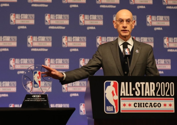 NBA Commissioner Adam Silver unveils the Kobe Bryant MVP Award at a press conference during NBA All Star Saturday Night at United Center in Chicago, Ill., on Feb 15, 2020. (Dennis Wierzbicki-USA Today Sports)