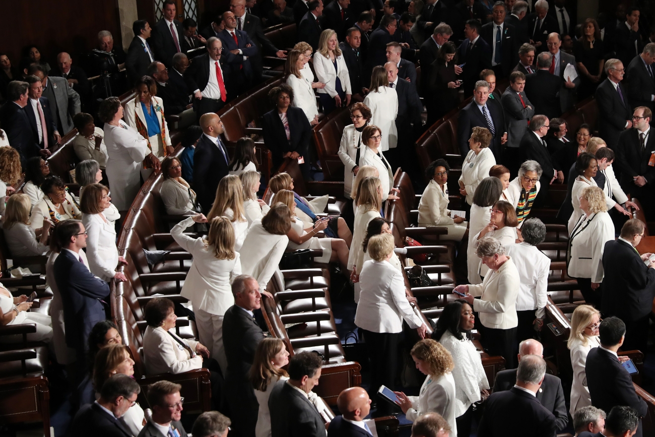 Female members of Congress dress in white for the State of the Union address in the chamber of the U.S. House of Representatives in Washington on Feb. 4, 2020. (Mark Wilson/Getty Images)