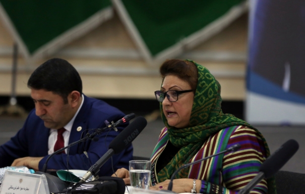Hawa Alam Nuristani, chief of the Election Commission of Afghanistan (C) speaks during a press conference at the commission's office in Kabul, Afghanistan, on Feb. 18, 2020. (Rahmat Gul/AP Photo)
