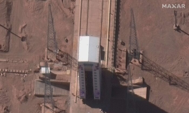 A satellite image shows preparations at a rocket launch pad at the Imam Khomeini Space Center in Iran's Semnan province on Feb. 4, 2020. (Maxar Technologies via AP)