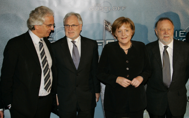 German Chancellor Angela Merkel, Norbert Sauer (L), head of UFA, chief executive of the German TV station ZDF, Markus Schaechter (C) and director Joseph Vilsmaier (R) attend the Berlin premiere of "The Gustloff" at the Sony Center CineStar in Berlin, Germany, on Jan. 22, 2008. (Carsten Koall/Getty Images)
