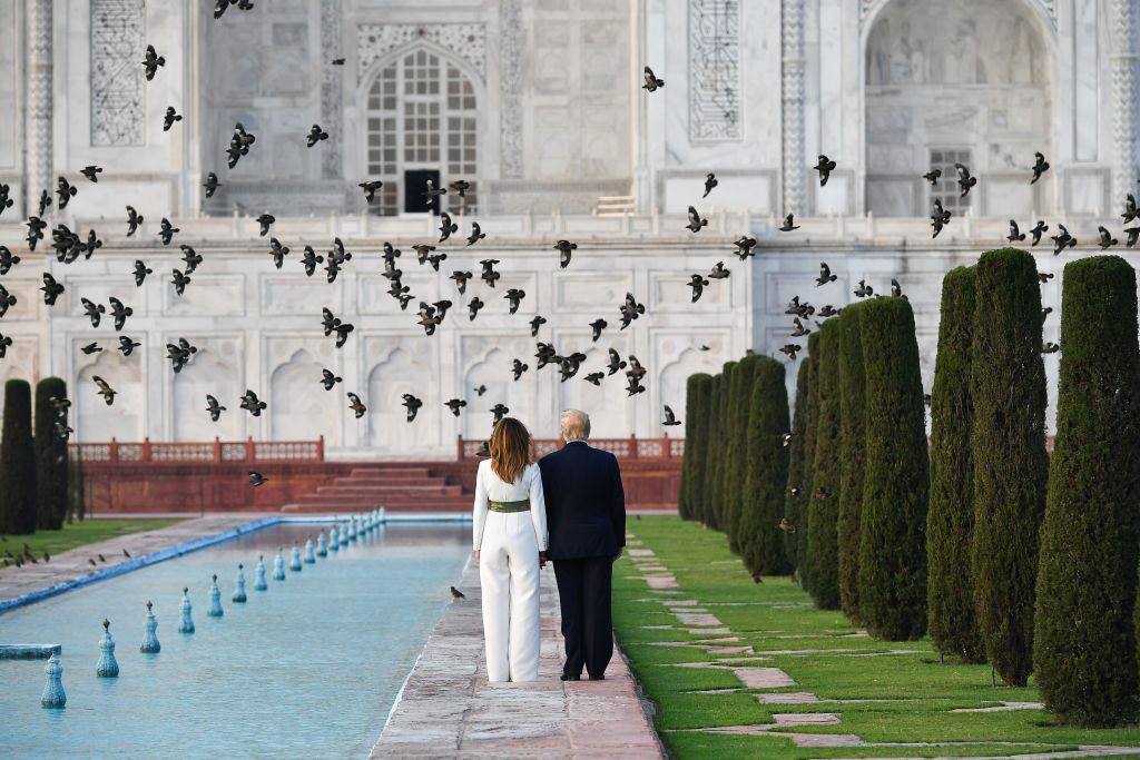 President Donald Trump and First Lady Melania Trump pose as they visit the Taj Mahal in Agra on Feb. 24, 2020. (Mandel Ngan/AFP via Getty Images)