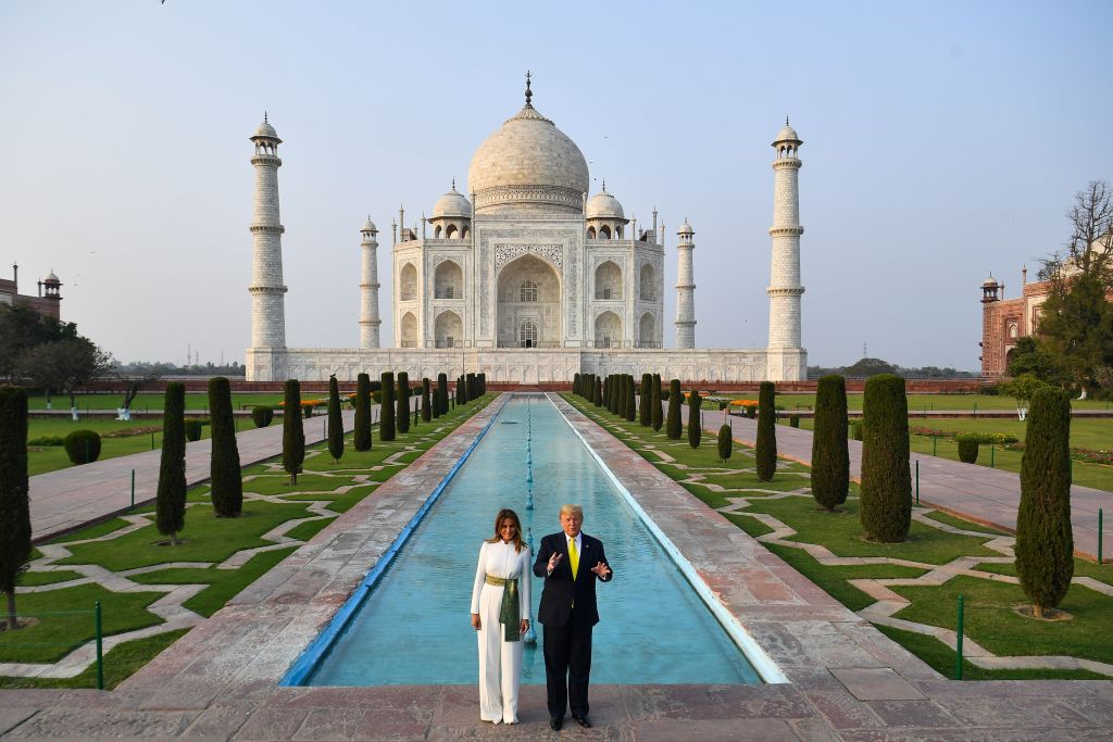 President Donald Trump and First Lady Melania Trump pose as they visit the Taj Mahal in Agra on Feb. 24, 2020. (Mandel Ngan/AFP via Getty Images)