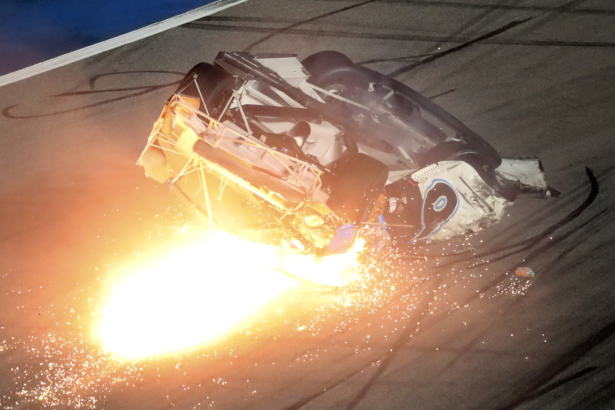 Ryan Newman slides down the track after he was involved in a crash on the final lap of the NASCAR Daytona 500 auto race at Daytona International Speedway, in Daytona Beach, Fla., on Feb. 17, 2020. (David Graham/AP Photo)