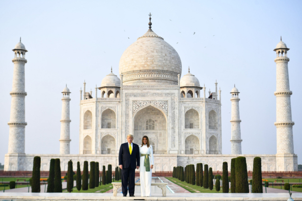 U.S. President Donald Trump and First Lady Melania Trump pose as they visit the Taj Mahal in Agra, India, on Feb. 24, 2020. (Mandel Ngan/AFP/Getty Images)