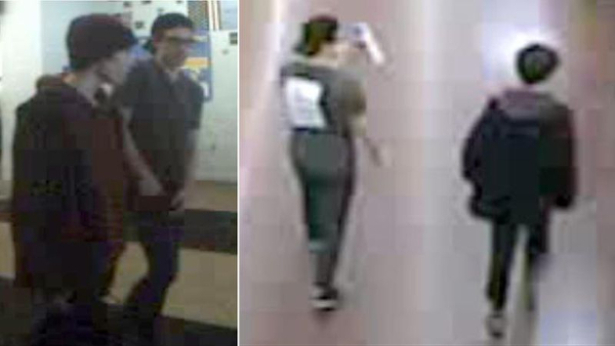 Prank gone too far: Surveillance photos show two people who entered the Walmart in Joliet and sprayed Lysol throughout the store while wearing a sign inferring they had contracted the coronavirus (Joliet Police Department)