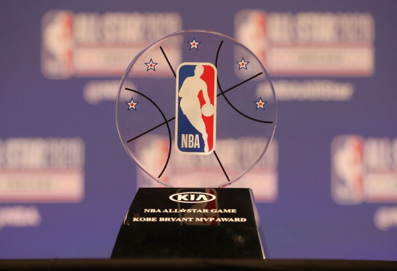 NBA commissioner Adam Silver unveils the Kobe Bryant MVP Award at a press conference during NBA All Star Saturday Night at United Center in Chicago, Ill., on Feb 15, 2020. (Dennis Wierzbicki-USA TODAY Sports)