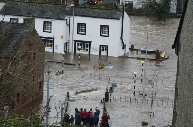 Flooded streets in Appleby-in-Westmorland, Cumbria, as Storm Ciara hits the UK on Sunday, Feb. 9, 2020. (Owen Humphreys/PA Wire)