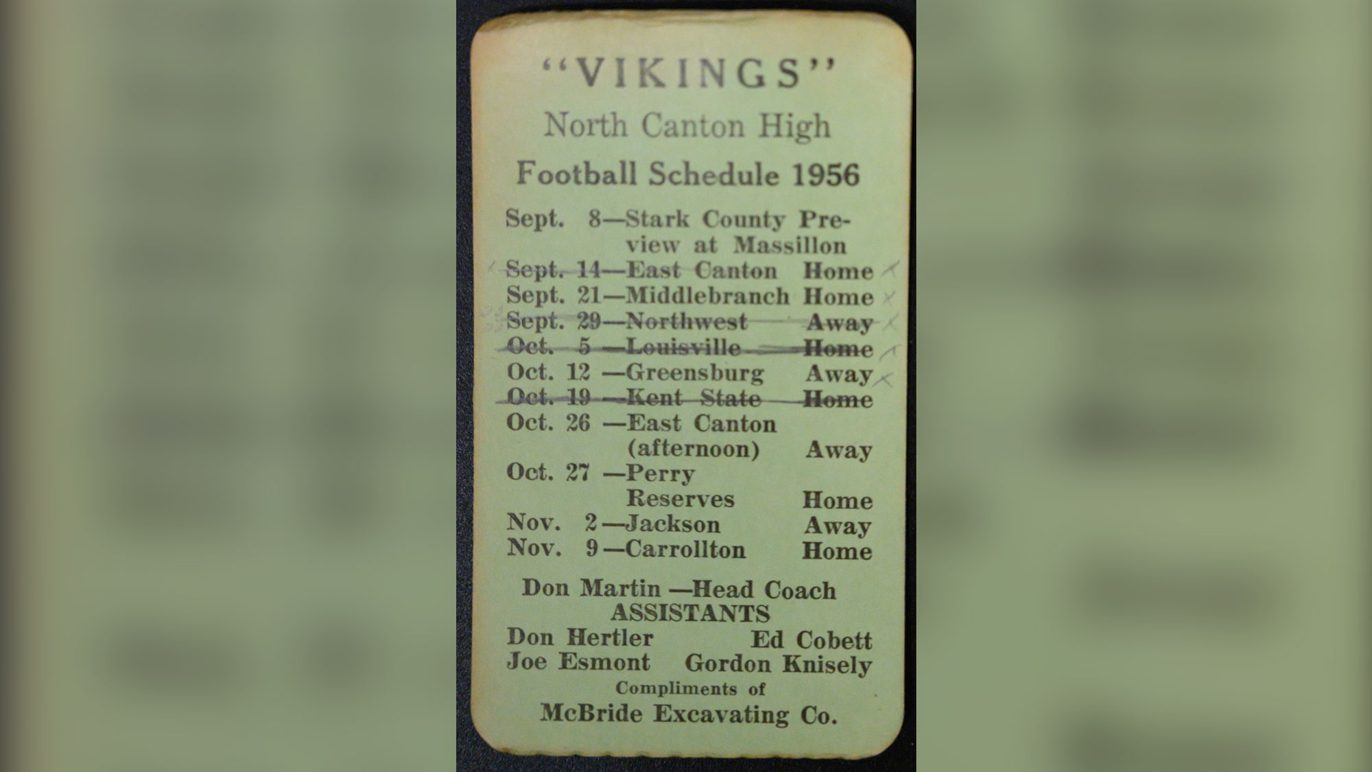 A North Canton High School football schedule from 1956 was found inside a purse between a wall and a locker in North Canton, Ohio. (Courtesy of North Canton City Schools)