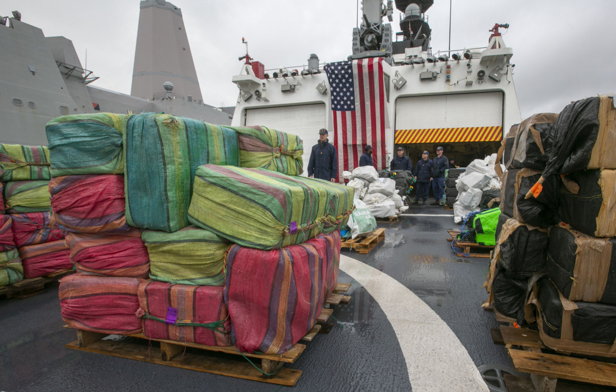 The crew of the Coast Guard Cutter Munro offloaded 20,000 pounds of uncut cocaine seized from known drug-transit zones of the Eastern Pacific Ocean worth approximately $338 million at Naval Station San Diego on Feb. 10, 2020. (John Gibbins/The San Diego Union-Tribune via AP)