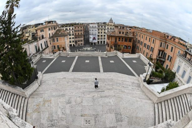 A wide angle view shows the deserted Spanish Steps and Piazza di Spagna in central Rome, Italy, on March 13, 2020. (Andreas Solaro/AFP via Getty Images)